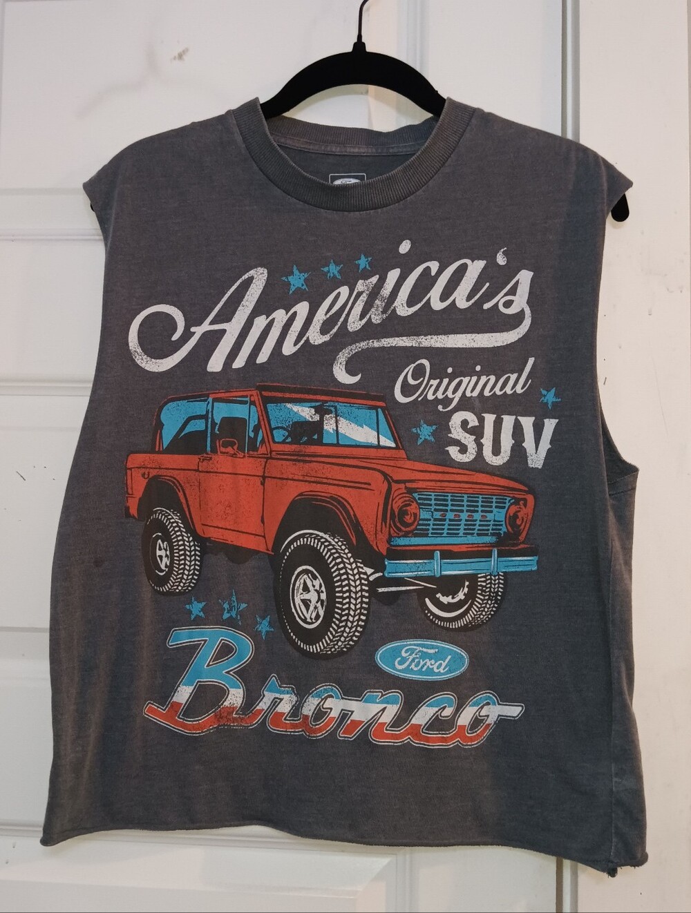 Ford Women's Gray Muscle Tee with Red & Blue Bronco Graphic